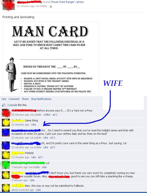 the man card, facebook, fail