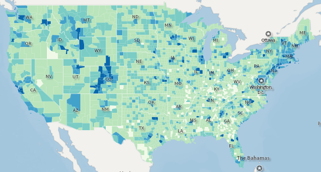 map of how educated the states are by county