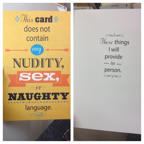 this card does not contain nudity, sex or naughty language, these things will be provided in person, win