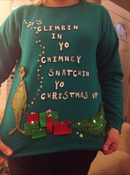 grinch, sweater, he's climbing in yo chimney snatchin' yo christmas up