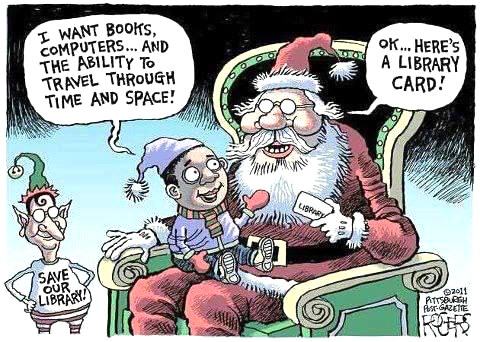 here's a library card, santa claus, christmas, ability to travel through time and space, comic
