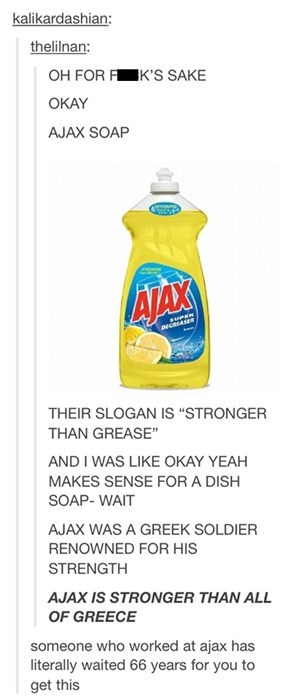 ajax dish detergent, stronger than grease, wordplay