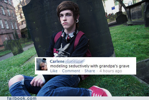 modelling seductively with grandpa's grave, wtf, facebook, fail