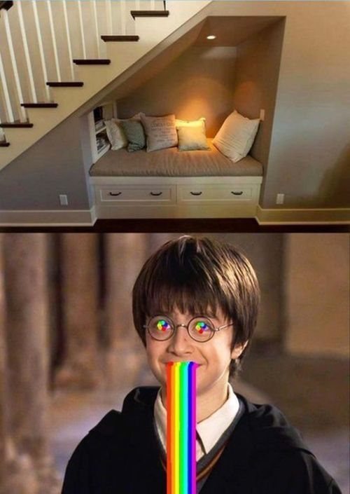 harry potter, bed under the stairs, vomiting rainbows