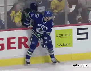 hockey dodge, checks self into opponent's bench, lol, fail, gif