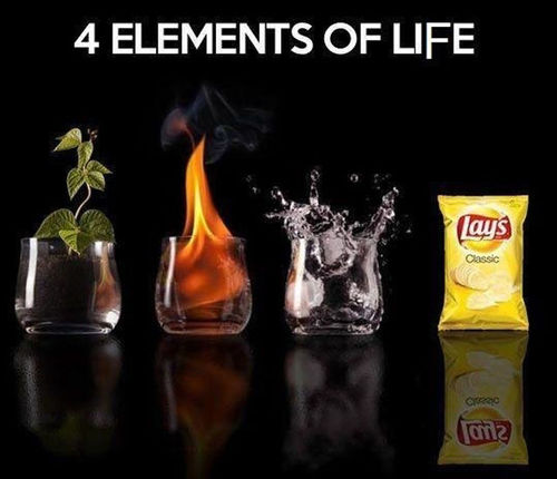 4 elements of life, earth, fire, water, air, lays, bag of chips