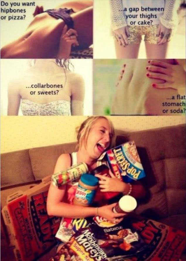 hipbones, gap between your thighs, collarbone, flat stomach, food
