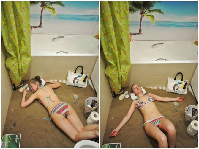 bathroom, beach, sun tanning