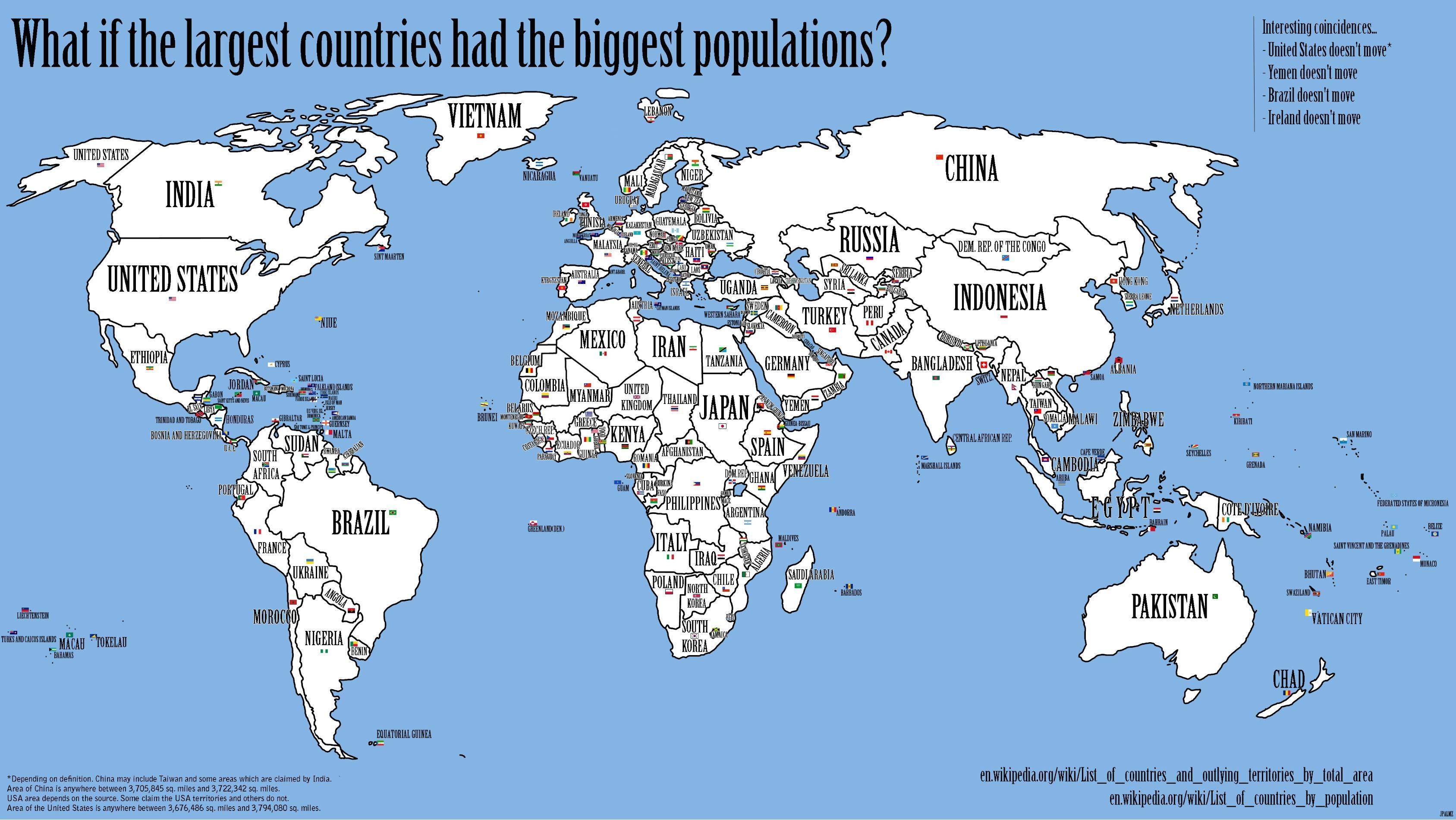what if the largest countries had the biggest populations?, map