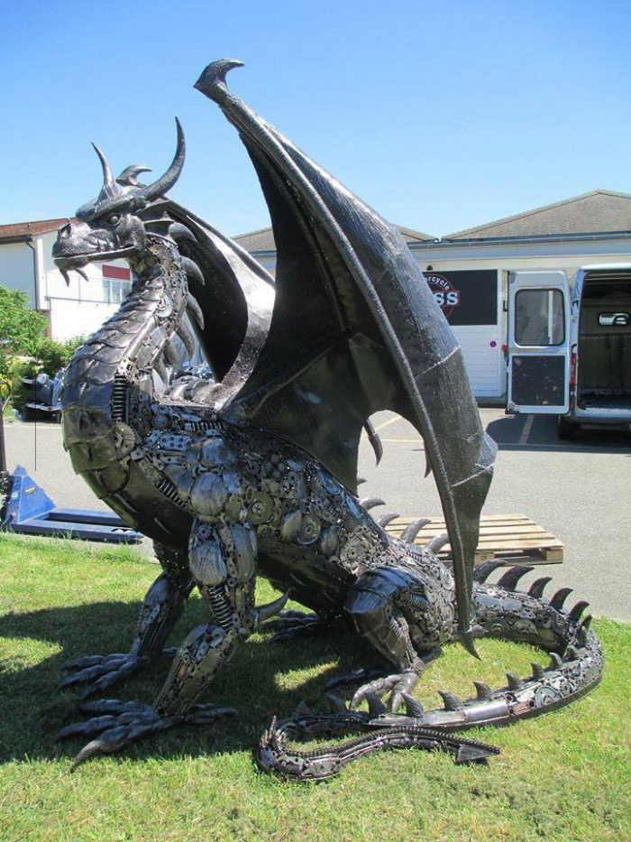 dragon made from spare car parts, art, sculpture, win