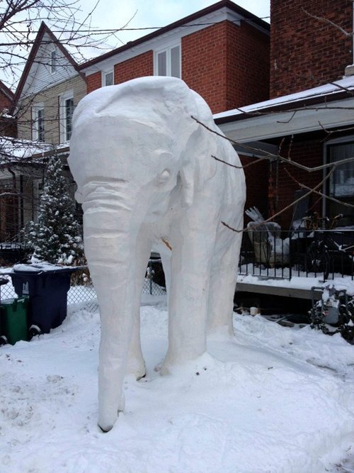 elephant sculpture in snow, win, art