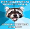 lame pun racoon, meme, one new years eve make sure to have your left leg in the air so you start the new year off on the right foot, joke