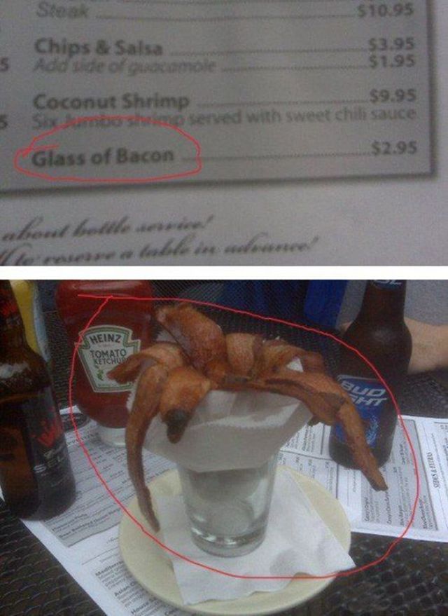 glass of bacon, menu item, win