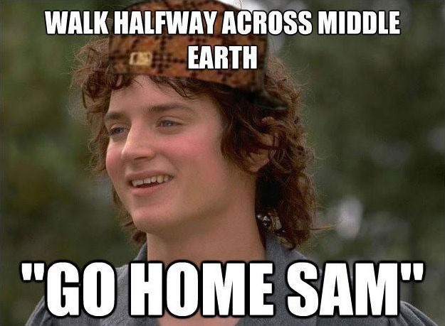 scumbag frodo, walk halfway across middle earth, go home sam, meme