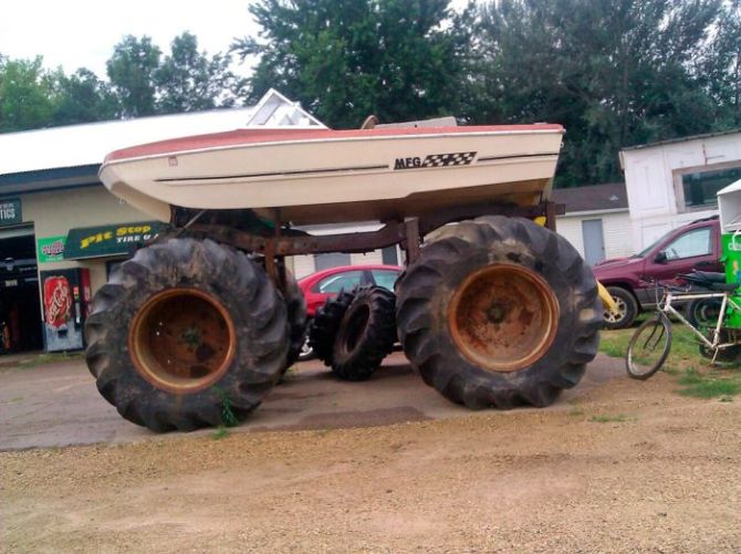 monster boat, big wheel, wtf