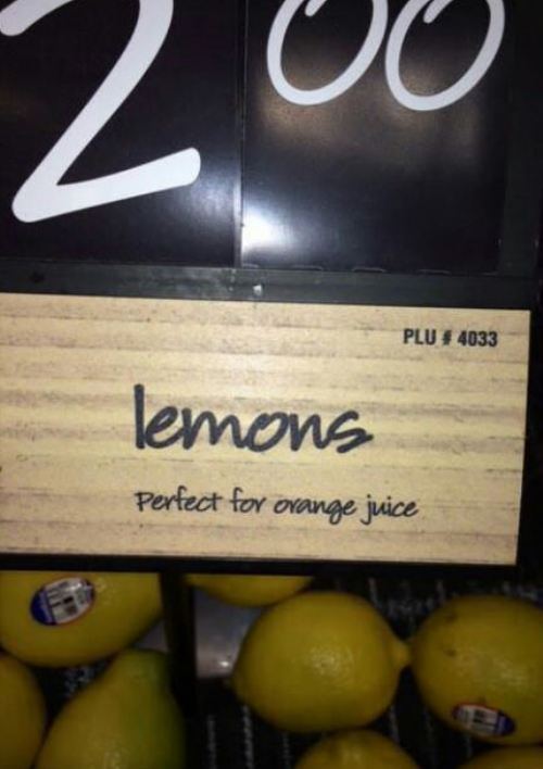lemons, perfect for orange juice, label, fail, grocery store