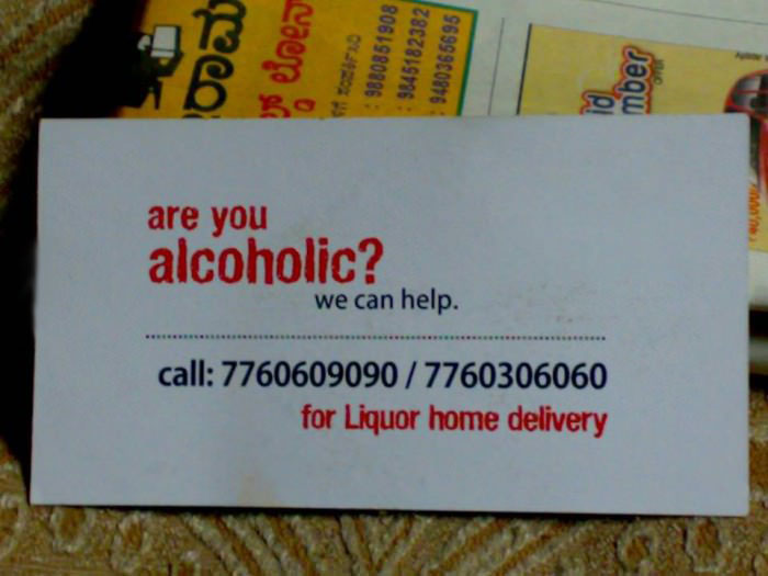 are you alcoholic?, business card, liquor home delivery
