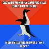 dad wins monopoly game and yells "don't fuck with me", mom smiles and answers "ok i won't", socially awkward penguin, meme