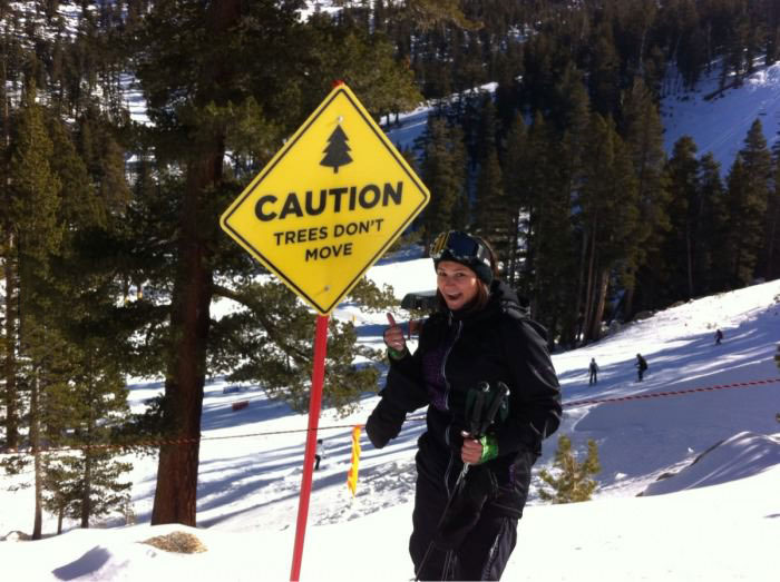 ski hill sign, caution, trees don't move