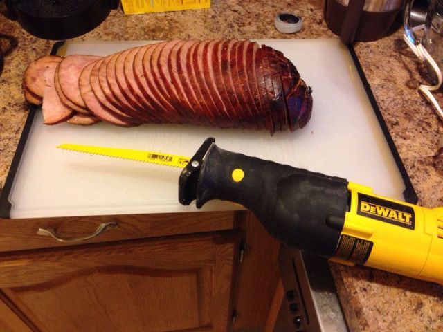 cutting ham with a power saw