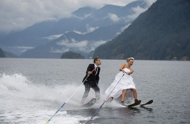 married couple water skiing