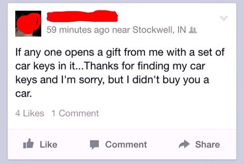 facebook, gift with car keys, fail, lol