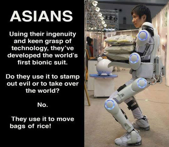 asians, first bionic suit, use it to carry rice