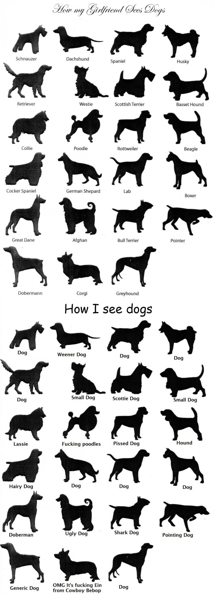 how my girlfriend sees dogs, how i see dogs