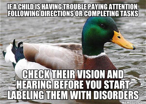 actual advice mallard, check their vision and hearing before you start labelling them with disorders