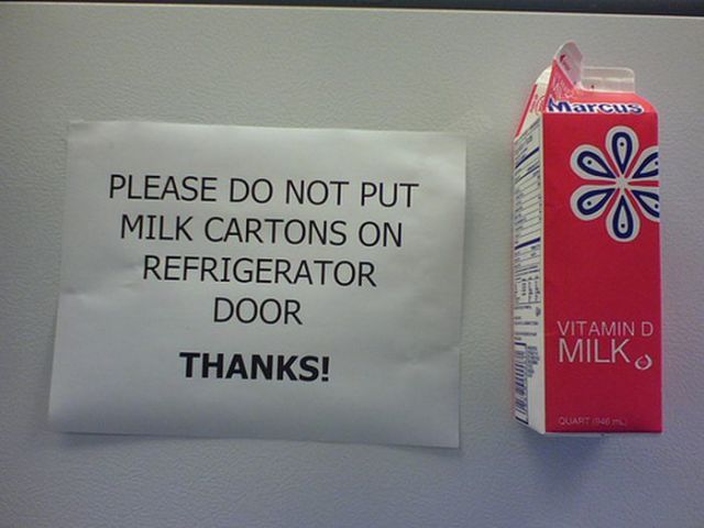 please do not put milk cartons on refrigerator door, rebel
