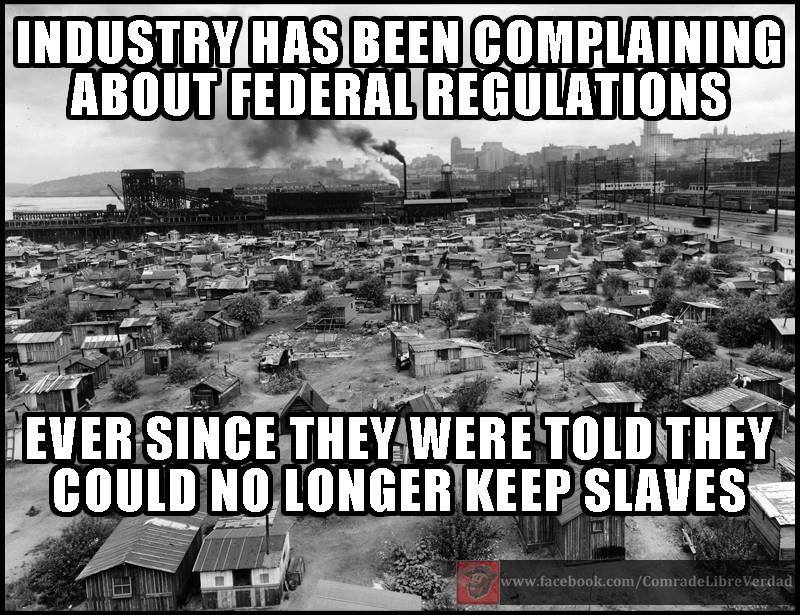 industry has been complaining about federal regulations ever since they were told they could no longer keep slaves, meme, environment, corporations