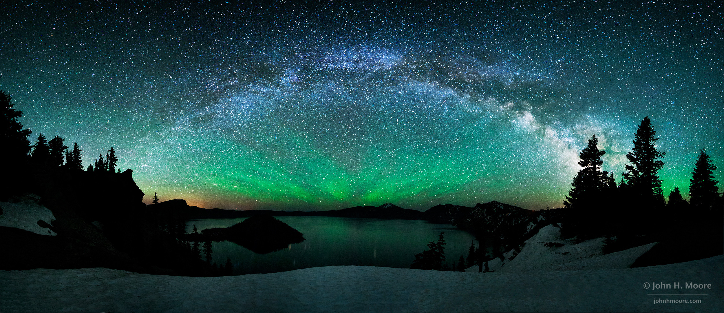 milky way over crater lake, oregon, photography by john h moore