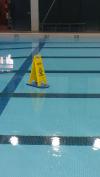 caution, wet floor sign floating on a raft in a swimming pool, lol