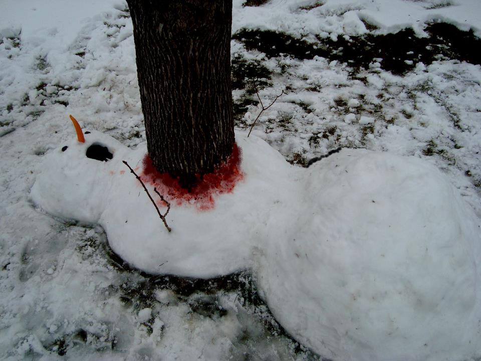 macabre snow man, trees, blood, lol