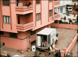 how not to get your tv to the third floor, fail, lol, catapult, gif