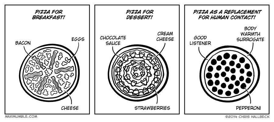 pizza for breakfast, dessert and as a replacement for human contact