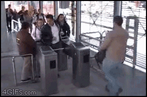 man gets pushed through subway turn style and trips woman, revenge, troll, lol, karma, gif