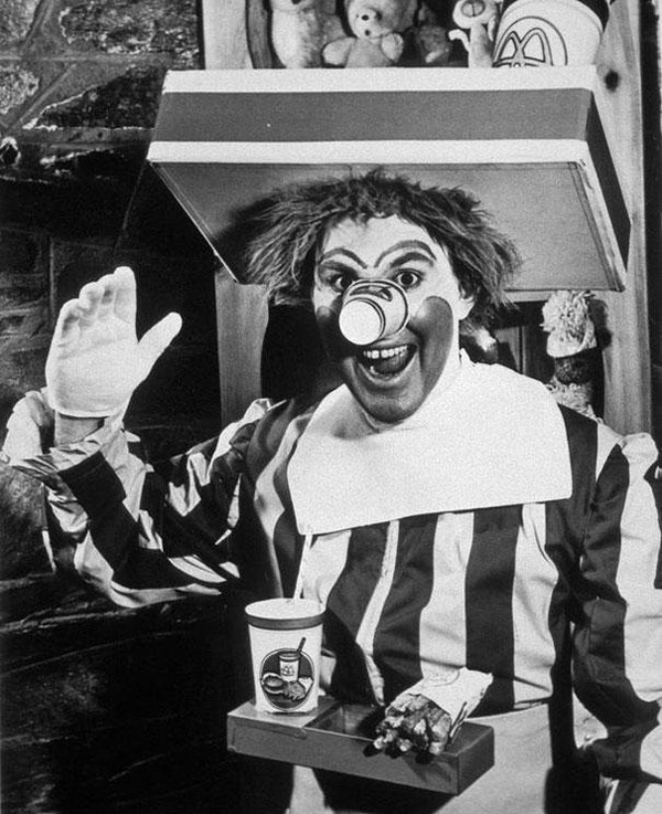 the original ronald mcdonald from 1963, black and white photography, historical photos
