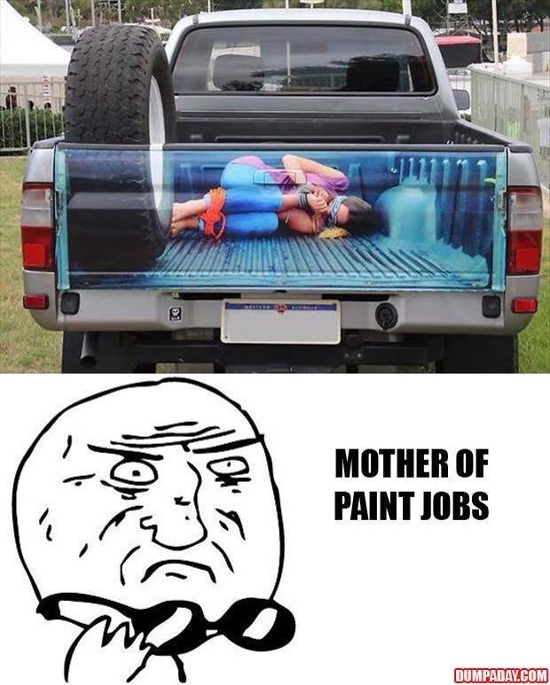 girl tied up in back of pickup truck paint job, realistic, lol