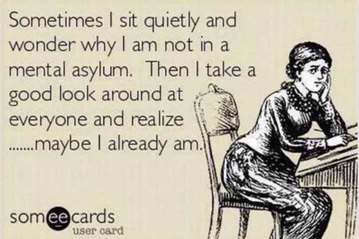 ecard, sometimes i sit quietly and wonder why i am not in a mental asylum then i take a good look around at everyone and realize maybe i already am