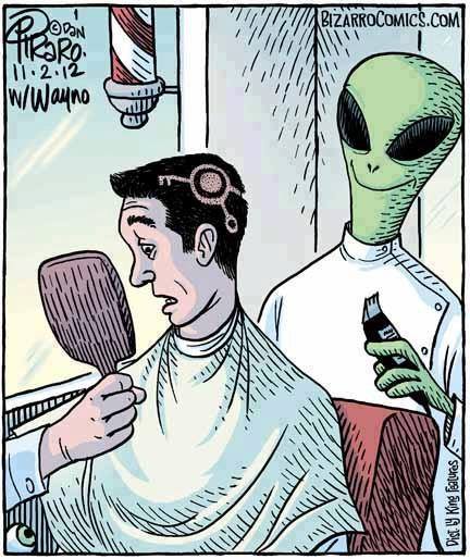 bizarro, aliens barber shaves crop circle into man's hair