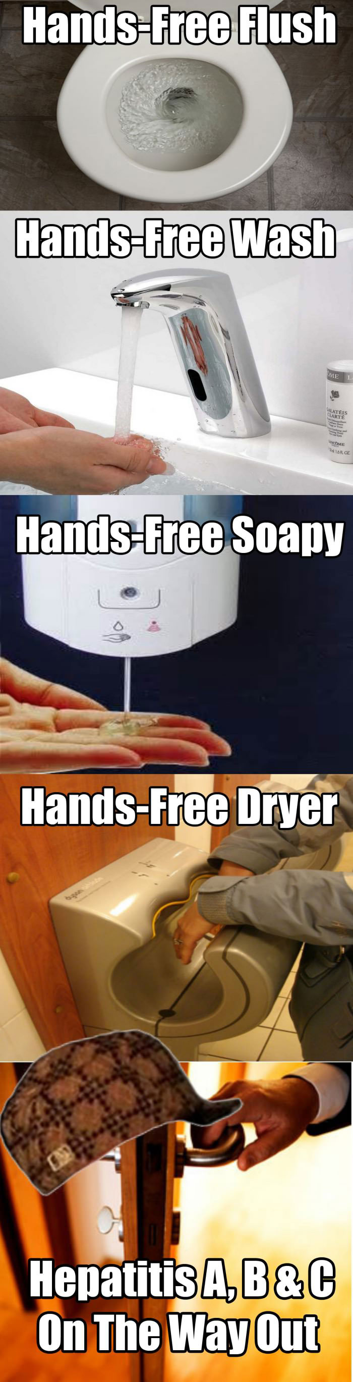 hands free flush, wash, soap, dryer, door handle