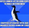 bites lower lip to loop cute to male interviewer, chapped lip cracks open and dribbles blood down my chin, meme, socially awkward penguin