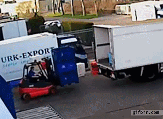 forklift operator has a bad day, spills water from container he is trying to load all over himself, gif, fail