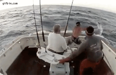 man jumps off boat after marlin jumps in, gif