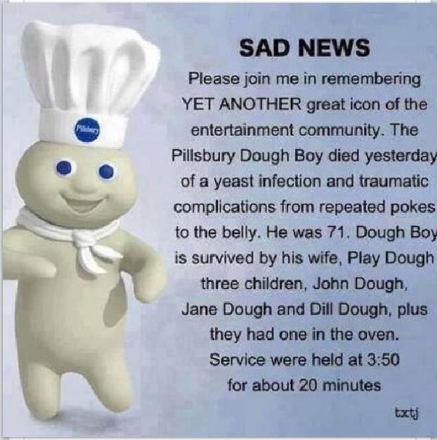 rip pillsbury dough boy, sad news