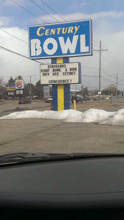 dinosaurs didn't bowl and now they are extinct, coincidence?, century bowl sign, lol