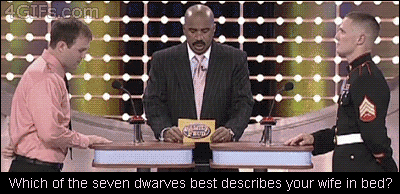 which of the seven dwarves best describes your wife in bed?, family feud, shaking head no, gif