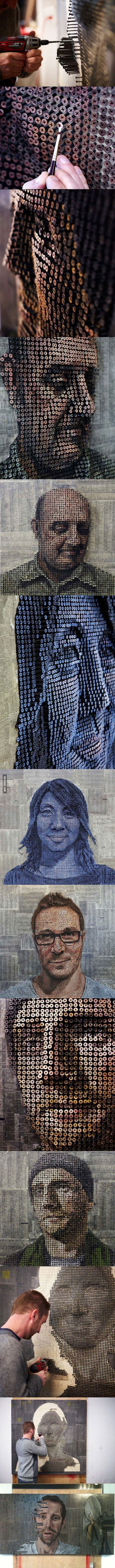 artist uses screws and paint to create portraits