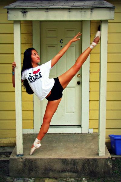 asian girl demonstrates her flexibility i love west campus tshirt